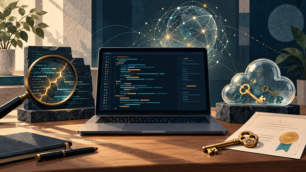 Laptop displaying code beside a magnifying glass, keys, a certificate, and a cloud.